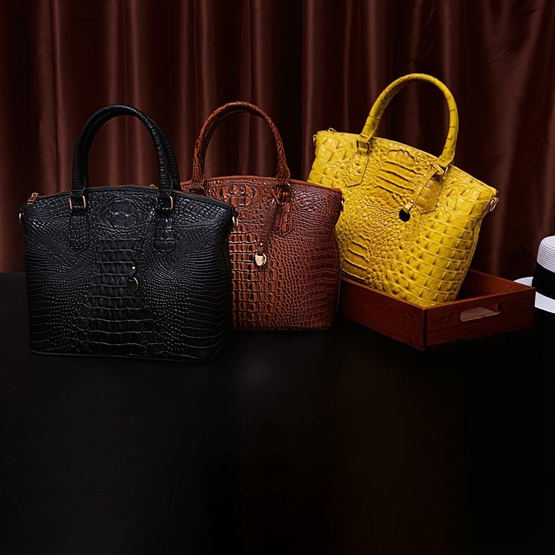 Crocodile Pattern Tote Bag Double Handle Purse Zipper Handbag