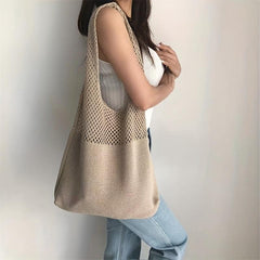Solid Knitted Tote Bag Foldable Shoulder Bag Casual Shopping Bag