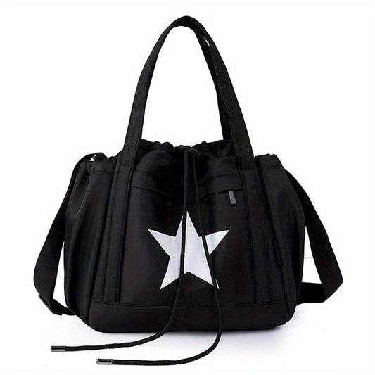 Vintage Star Print Drawstring Tote Large Capacity Shoulder Bag