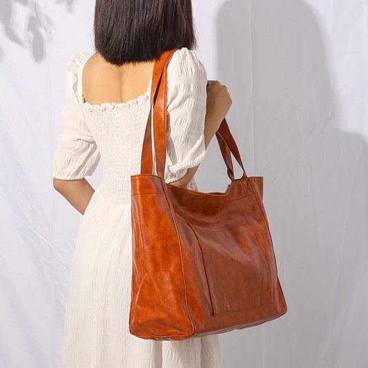 Large Capacity Solid Shoulder Bag PU Leather Retro Tote Bag Handbag