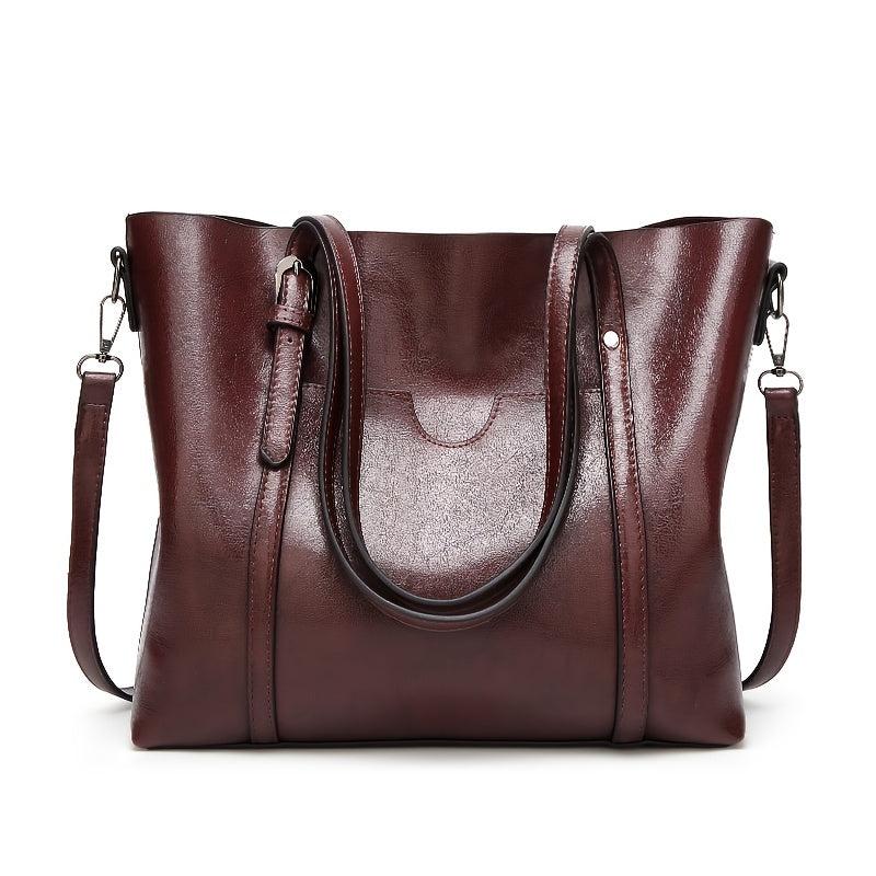 Faux Leather Patch Pocket Tote Bag Zipper Closure Handbag