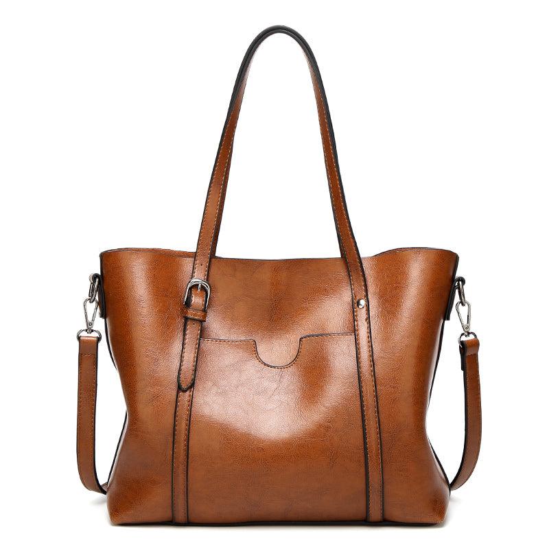 Faux Leather Patch Pocket Tote Bag Zipper Closure Handbag