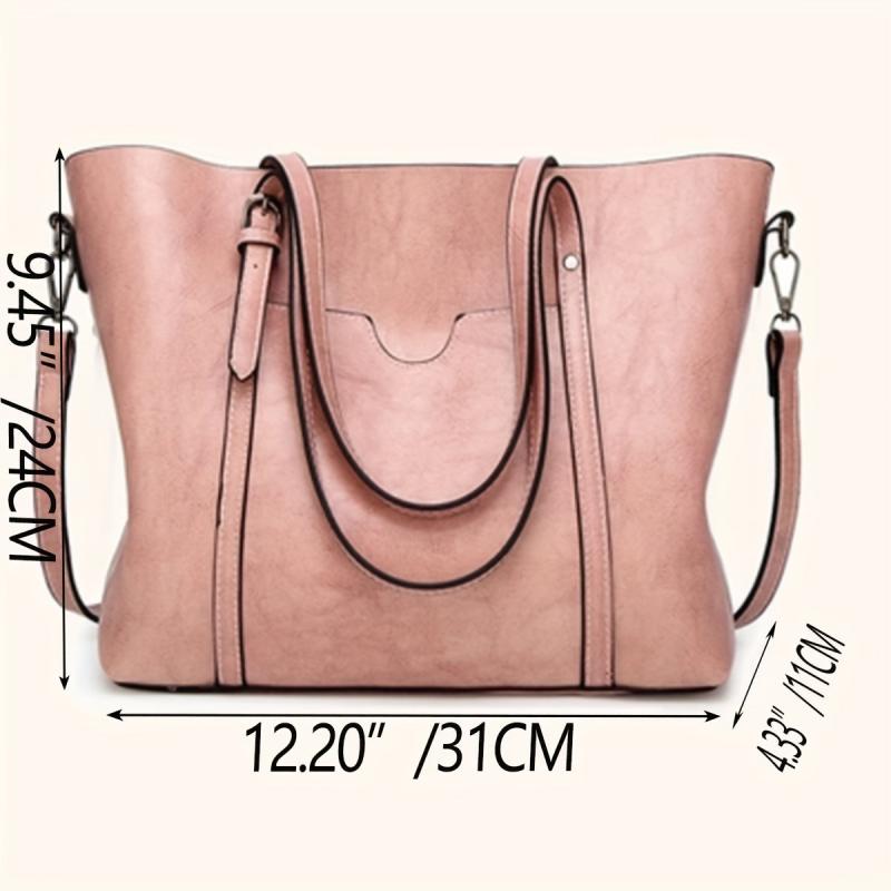 Faux Leather Patch Pocket Tote Bag Zipper Closure Handbag