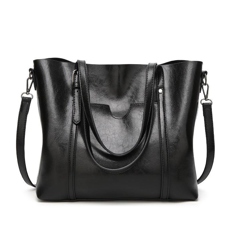 Faux Leather Patch Pocket Tote Bag Zipper Closure Handbag