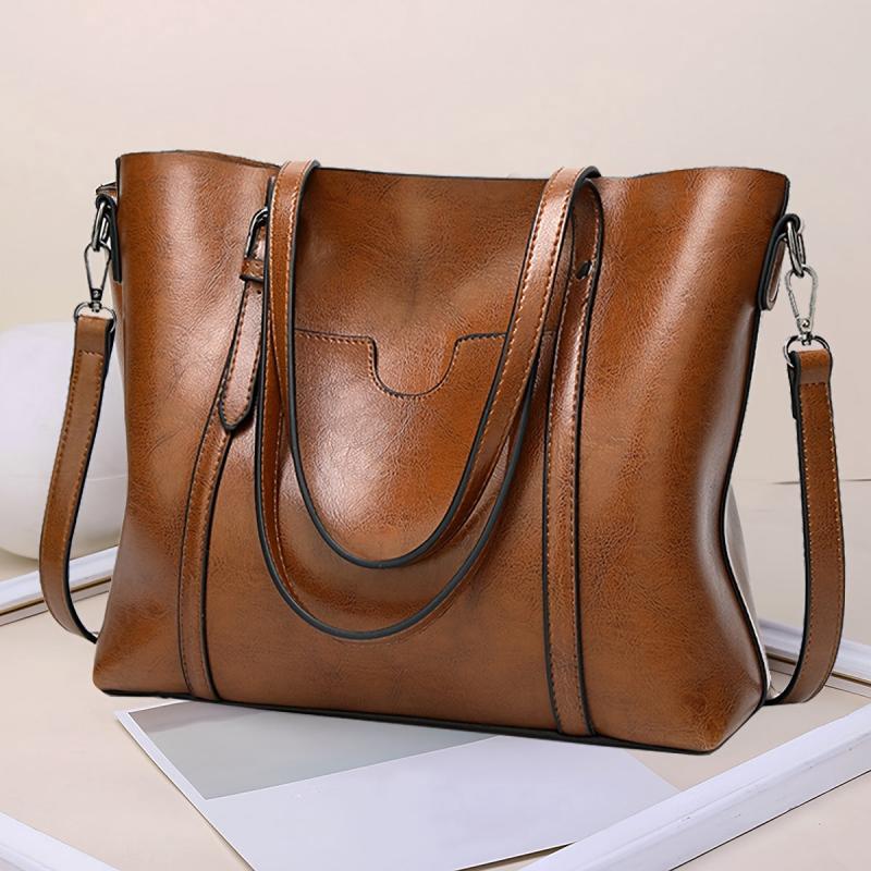 Faux Leather Patch Pocket Tote Bag Zipper Closure Handbag
