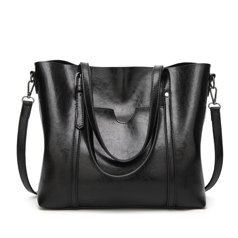 Faux Leather Patch Pocket Tote Bag Zipper Closure Handbag