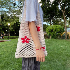 Mesh Knitted Flower Hobo Bag Beach Tote Women's Shoulder Bag