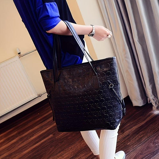 Skull Embossed Tote Bag Faux Leather Shoulder Handbag