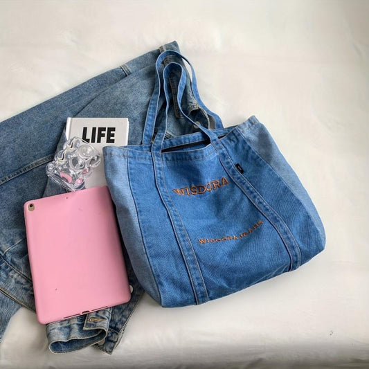 Retro Stitching Large Capacity Tote Bag Denim Durable Lightweight Shoulder Bag
