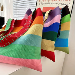 Colorful Stripes Knitted Tote Bag Slouchy Rainbow Large Capacity Handbag