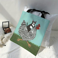 Funny Chicken And Cat Canvas Tote Bag Animal Painting Shoulder Bag