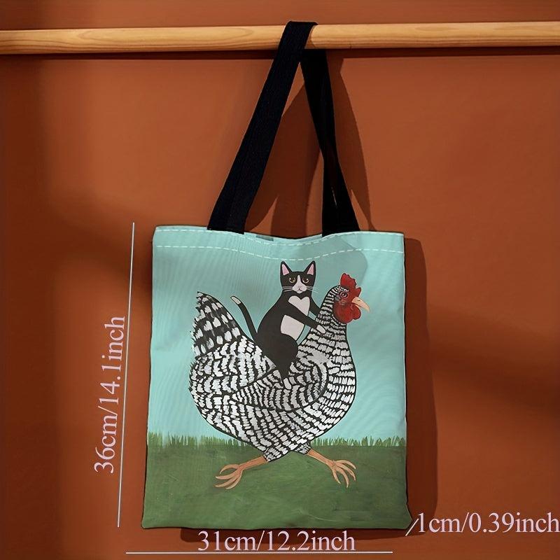Funny Chicken And Cat Canvas Tote Bag Animal Painting Shoulder Bag