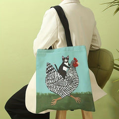 Funny Chicken And Cat Canvas Tote Bag Animal Painting Shoulder Bag