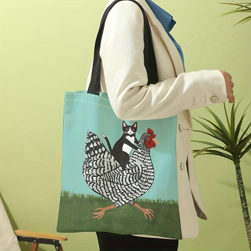 Funny Chicken And Cat Canvas Tote Bag Animal Painting Shoulder Bag