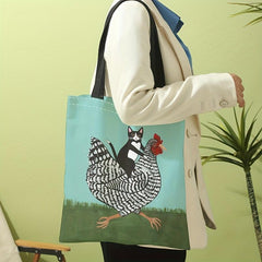 Funny Chicken And Cat Canvas Tote Bag Animal Painting Shoulder Bag