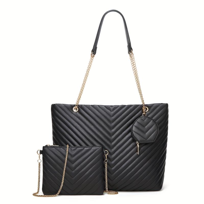 2PCS Chevron Quilted Tote Bag Large Capacity Shoulder Bag Women's Casual Handbag