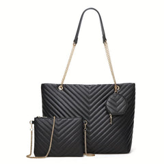 2PCS Chevron Quilted Tote Bag Large Capacity Shoulder Bag Women's Casual Handbag