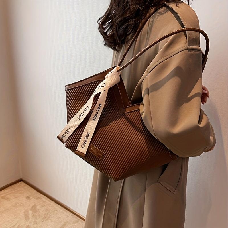 Ruched Tote Bag Large Capacity Shoulder Bag PU Leather Handbag
