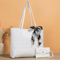 Heart Quilted Tote Bag Scarf Decor Shoulder Bag Women's Casual Handbag
