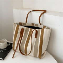Striped Tote Bag Canvas Shoulder Handbag Large Capacity