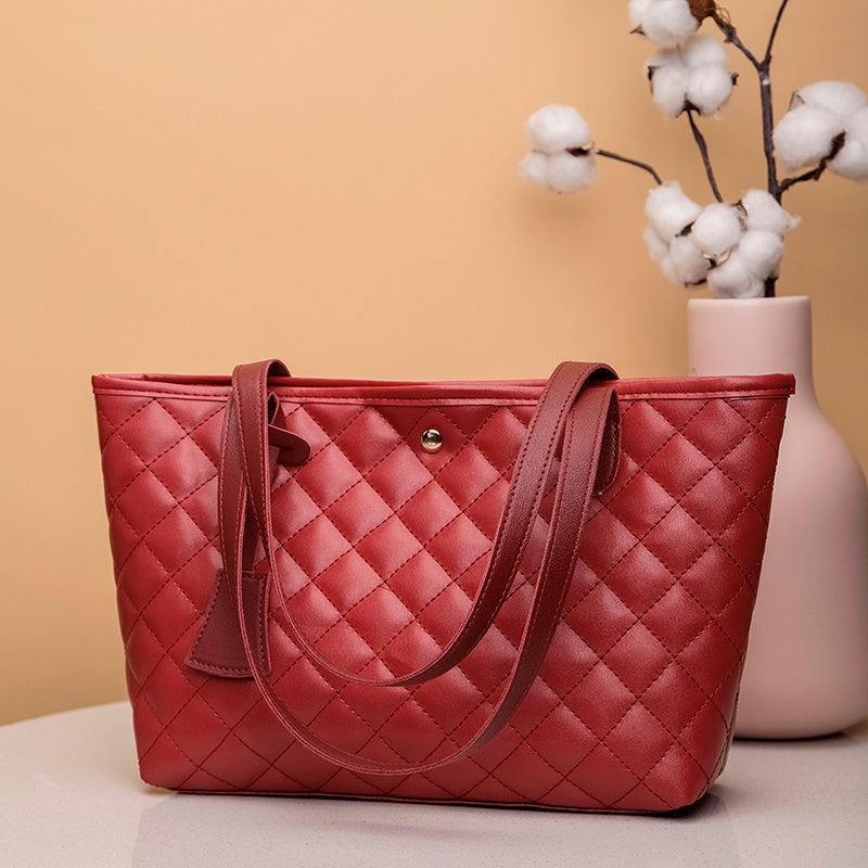 Quilted Tote Bag Faux Leather Snap Button Casual Shoulder Bag