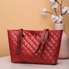 Quilted Tote Bag Faux Leather Snap Button Casual Shoulder Bag
