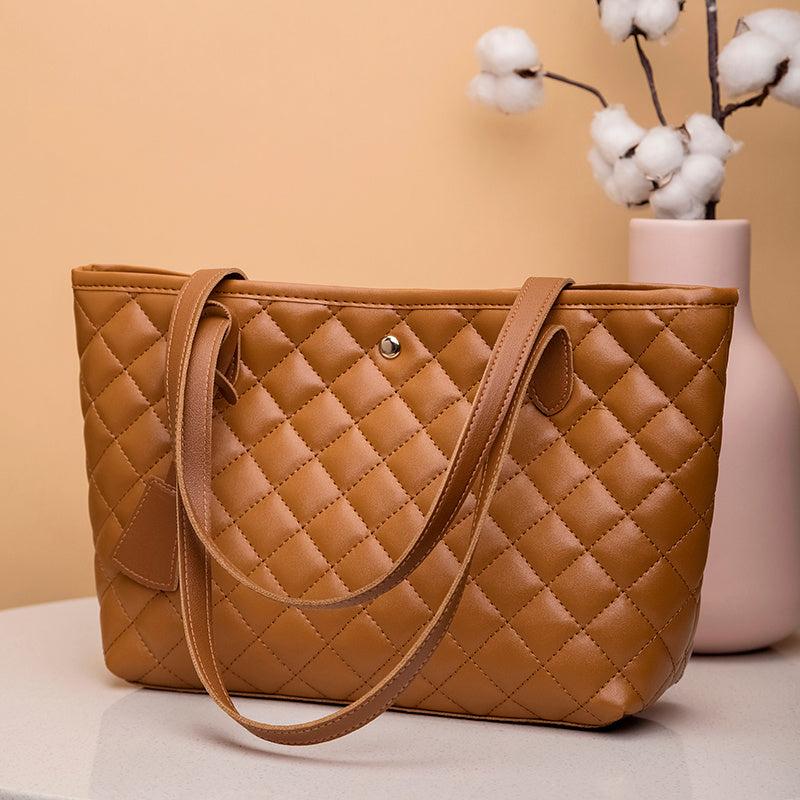 Quilted Tote Bag Faux Leather Snap Button Casual Shoulder Bag