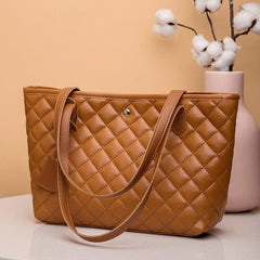Quilted Tote Bag Faux Leather Snap Button Casual Shoulder Bag