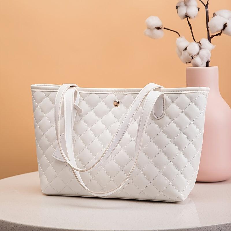 Quilted Tote Bag Faux Leather Snap Button Casual Shoulder Bag