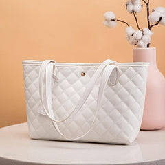 Quilted Tote Bag Faux Leather Snap Button Casual Shoulder Bag