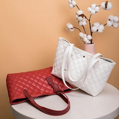 Quilted Tote Bag Faux Leather Snap Button Casual Shoulder Bag