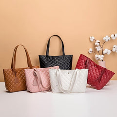 Quilted Tote Bag Faux Leather Snap Button Casual Shoulder Bag