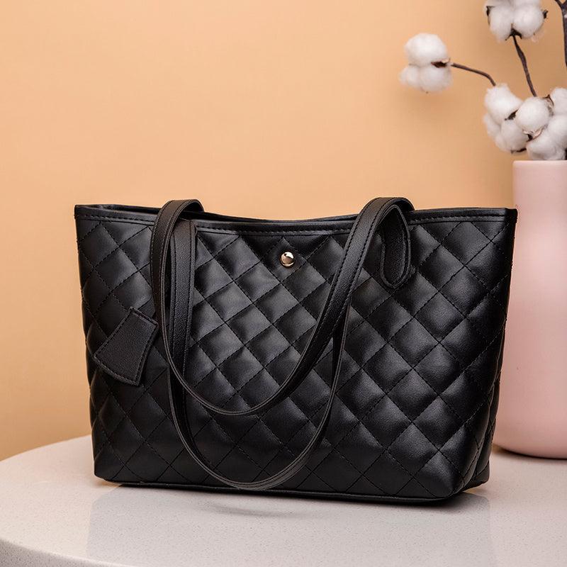Quilted Tote Bag Faux Leather Snap Button Casual Shoulder Bag