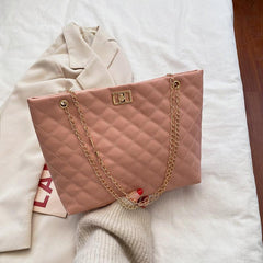 Argyle Quilted Chain Tote Bag Large Capacity Faux Leather Shoulder Bag