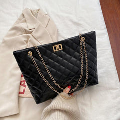Argyle Quilted Chain Tote Bag Large Capacity Faux Leather Shoulder Bag