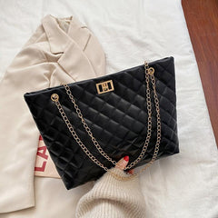 Argyle Quilted Chain Tote Bag Large Capacity Faux Leather Shoulder Bag