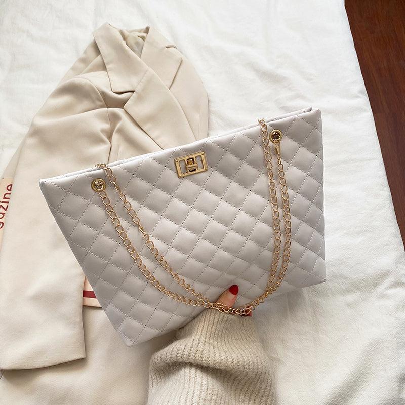 Argyle Quilted Chain Tote Bag Large Capacity Faux Leather Shoulder Bag