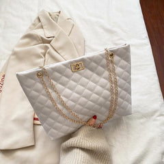 Argyle Quilted Chain Tote Bag Large Capacity Faux Leather Shoulder Bag