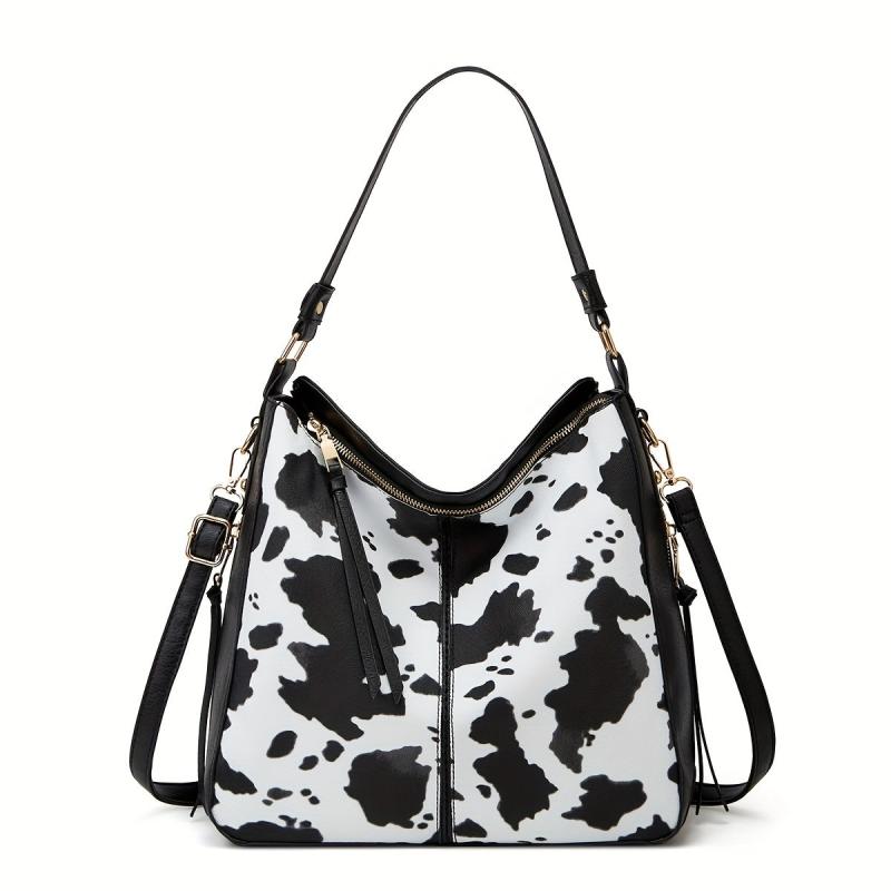 Cow Pattern Tote Bag with Tassel Crossbody - Large Capacity Hobo Bag