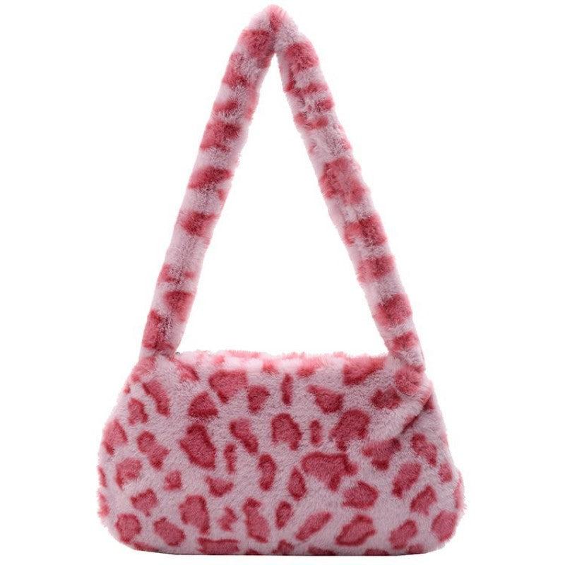 Leopard Pattern Shoulder Bag Flurry Plush Underarm Bag Zipper Stylish