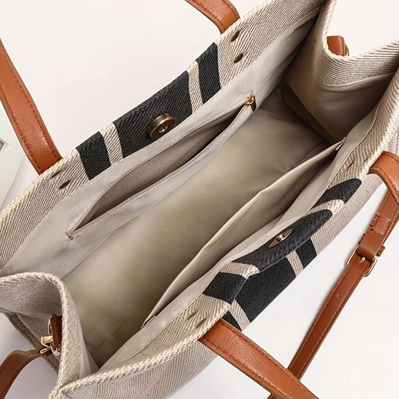 Large Capacity Striped Tote Bag with Removable Strap