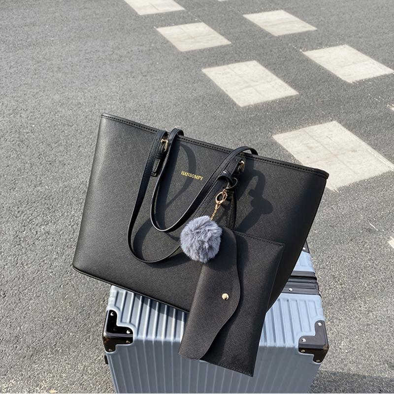 Classic Tote Shoulder Bag Faux Leather Handbag with Pom Pom