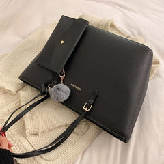 Classic Tote Shoulder Bag Faux Leather Handbag with Pom Pom