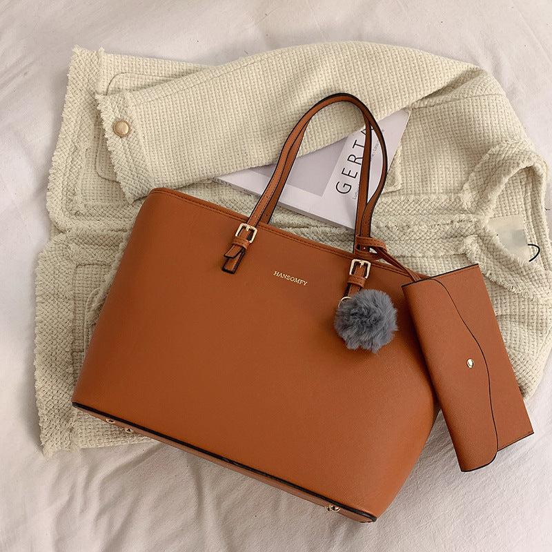 Classic Tote Shoulder Bag Faux Leather Handbag with Pom Pom
