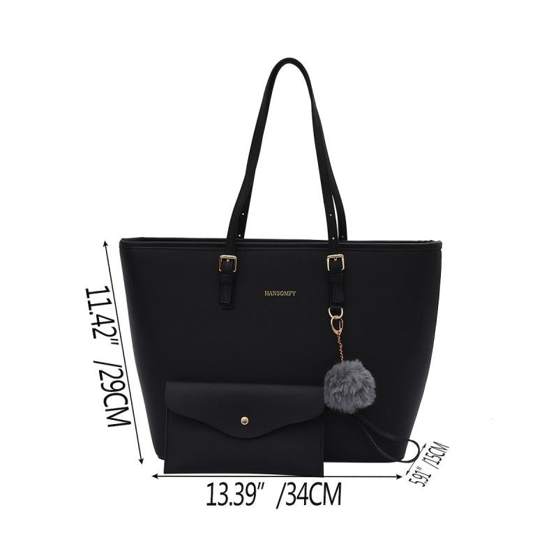 Classic Tote Shoulder Bag Faux Leather Handbag with Pom Pom