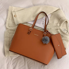 Classic Tote Shoulder Bag Faux Leather Handbag with Pom Pom