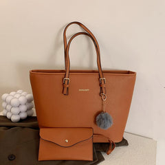 Classic Tote Shoulder Bag Faux Leather Handbag with Pom Pom