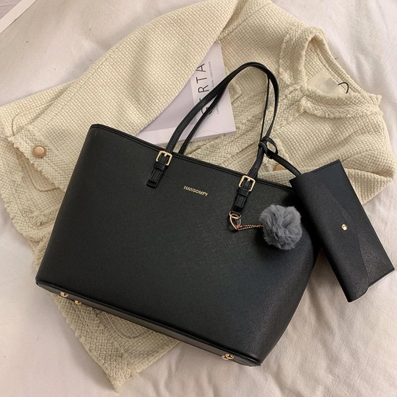 Classic Tote Shoulder Bag Faux Leather Handbag with Pom Pom
