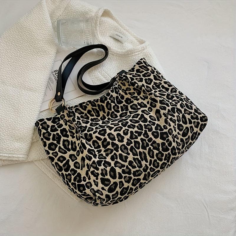 Leopard Pattern Canvas Tote Bag Chain Decor Shoulder Bag