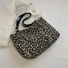 Leopard Pattern Canvas Tote Bag Chain Decor Shoulder Bag
